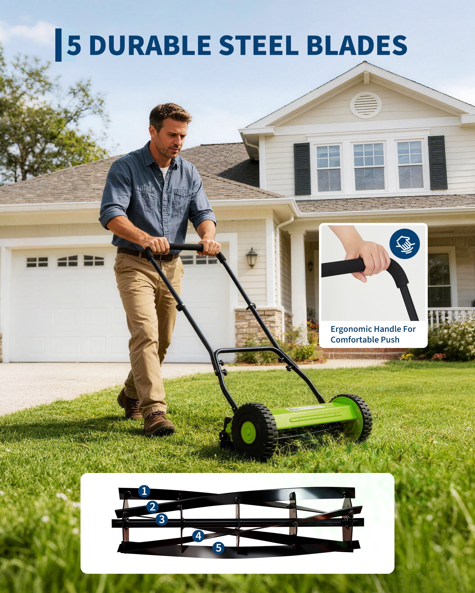 14" Push Reel Lawn Mower, 5-Blade Manual Walk-Behind Lawn Mower with Adjustable Cutting Height, Compact Push Mower for Small Yards, Green