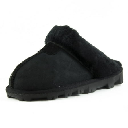 

CLPP LI Womens Slip on Faux Fur Warm Winter Mules Fluffy Suede Comfy Slippers - Black - 6