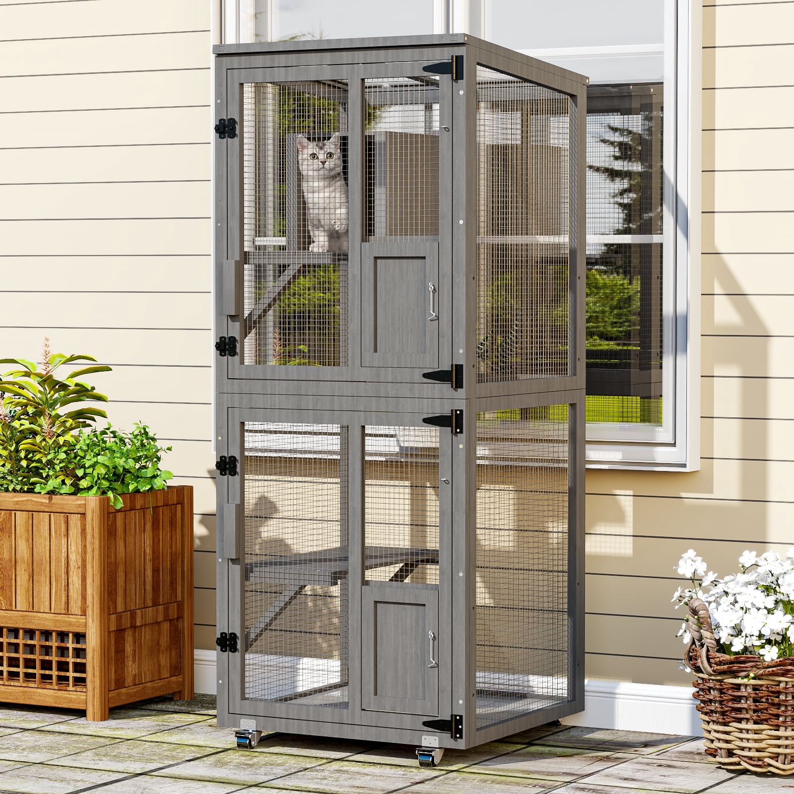 TIMHAKA Outdoor Cat Catio Enclosure, 4 Tiers Indoor Catio w/ Wheels, Resting Box, Waterproof Roof, Gray