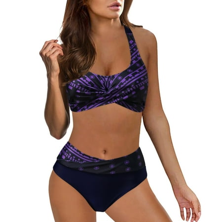 QYZEU Women s Bikini Swimsuits Two Piece Bathing Suits for Women Women High Waisted Bikini Push Up Swimsuits Vintage Swimsuit Retro Print Bikini Set Purple 2XL