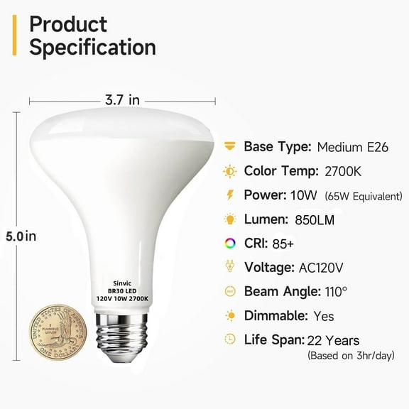 Sinvic BR30 LED Light Bulbs (2-Pack) 10W (Equiv. 65W) 120V Dimmable 850LM 2700K Warm White E26 Base  Recessed/Kitchen/Bathroom