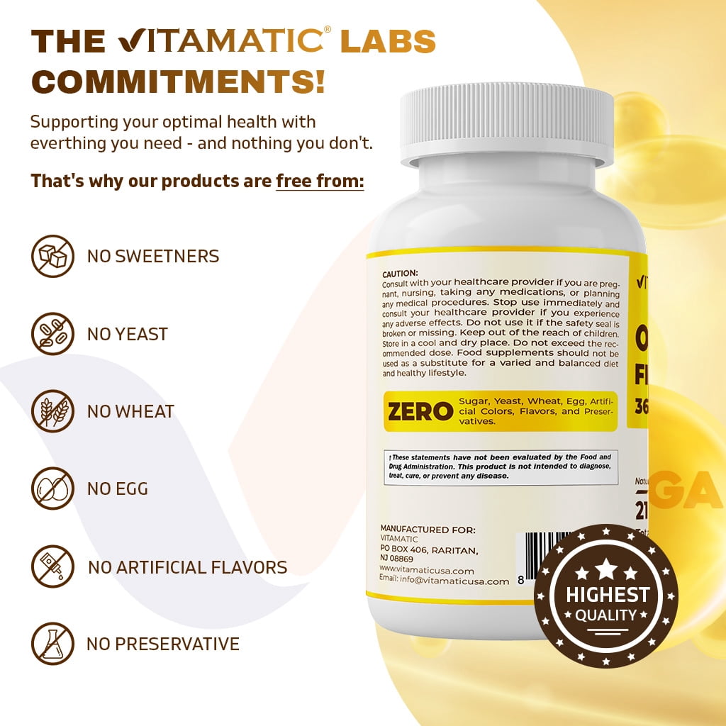 (2 pack) Vitamatic Triple Strength Omega 3 Fish Oil 3600mg Per Serving, 2160mg Omega 3 Fatty Acids, 1296mg EPA + 864mg DHA, Burpless Lemon Flavor, 180 Soft gels