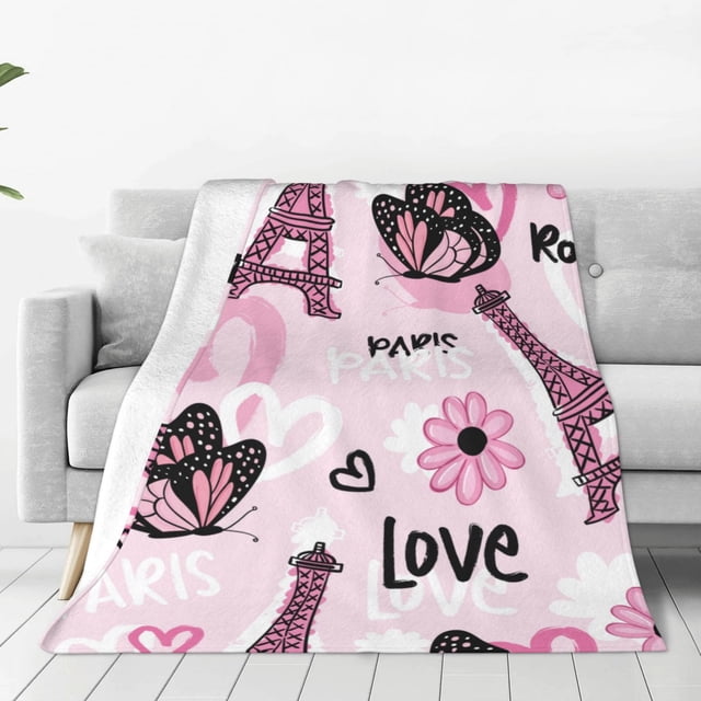 Balery Eiffel Tower and Butterflies Manta de Felpa Suave y Acogedora – Cobija de Franela Aterciopelada para Cama, Lavable y Cálida para Sofá, Mascotas, Transpirable-60"x50"