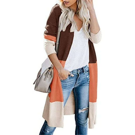 Dellytop Womens Boho Open Front Cardigan Colorblock Long Sleeve Loose Knit Sweaters