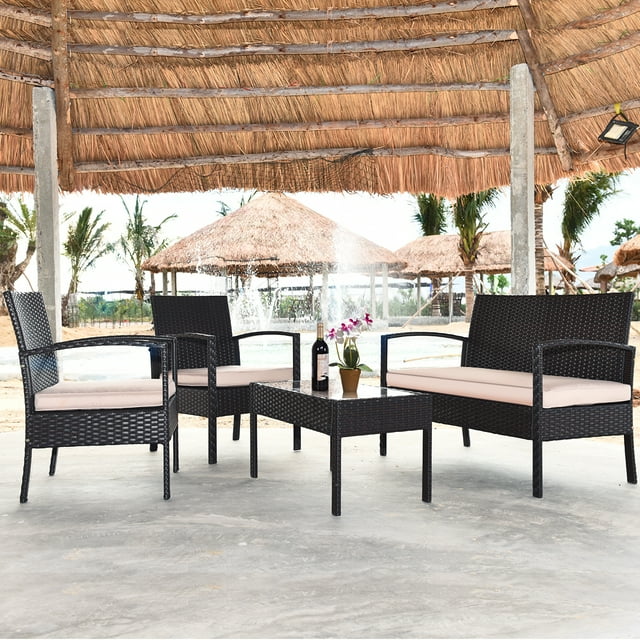 Gymax Ensemble de 4 Pcs en Rotin pour Patio Canapé Sectionnel Coussiné Table en Verre