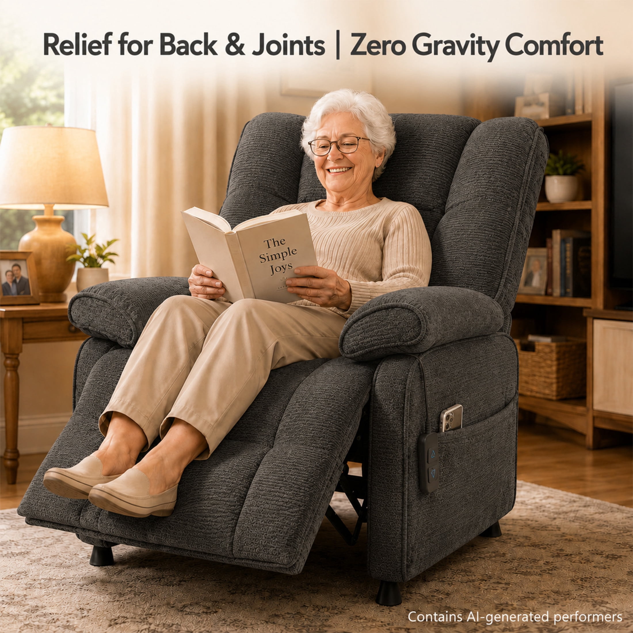 GDF Studio Rosane Electric Power Recliner Chair with Side Storage Pocket, Chenille Multi-Scene Lounge Chair, Dark Grey