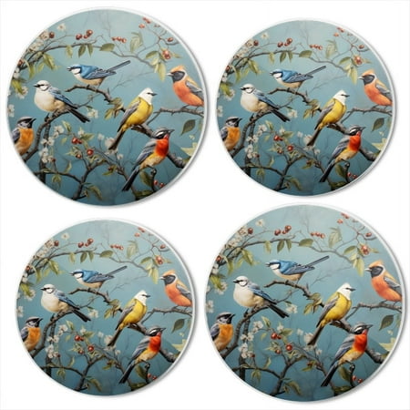 

BaHomeck Electric Stove Burner Covers Set of 4 Round Metal Gas Stove Burner Covers 8 Inch and 10 Inch Kitchen Decor Several Birds Perched On Branches With Blossoms And Berries