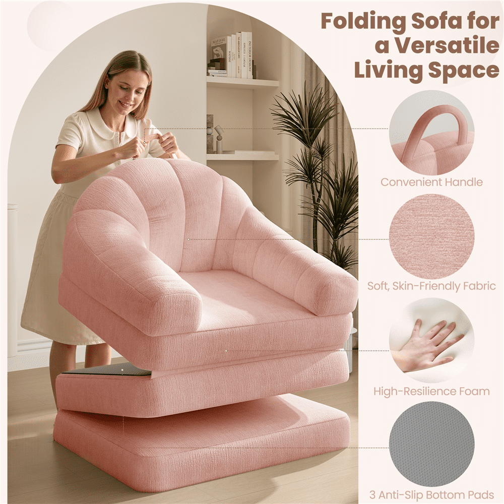 Renwick 2-in-1 Convertible Sofa  Bed Folding Sleep Chair Bed Chenille Sofa with Armrests  for Living Room and Bedroom,Pink