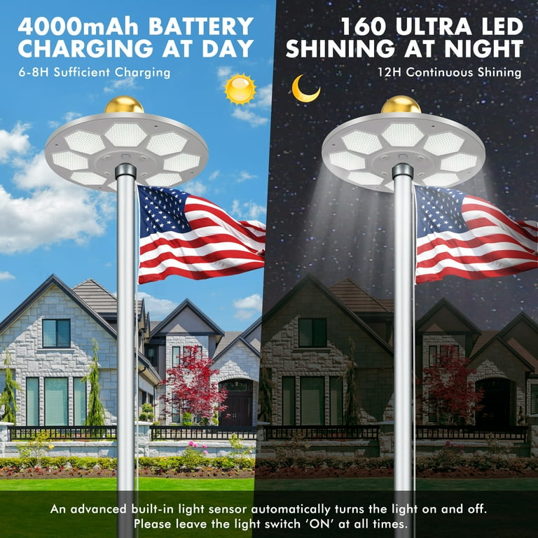 PPQ Flag Pole Light Solar Powered, Luxury Silver 48 LED Flagpole Light 10000h Lifespan For 15 25 Ft Poles Waterproof Lighting On Outdoor Pole Top 10 Hour Dusk To Dawn Auto On Off