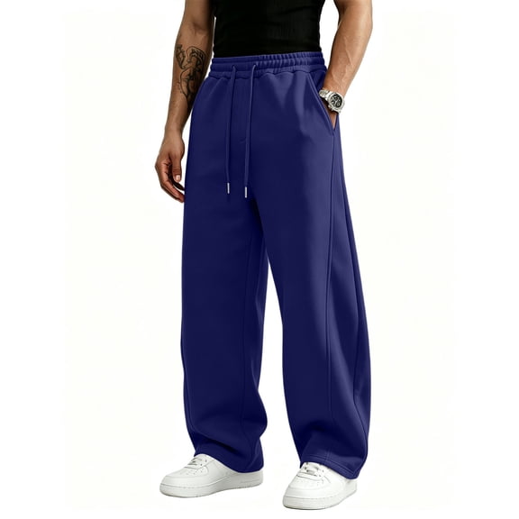 Resicozy Men's Lightweight Sweatpants Baggy Straight Wide Leg Drawstring Lounge Athletic Pants with Pockets Navy M