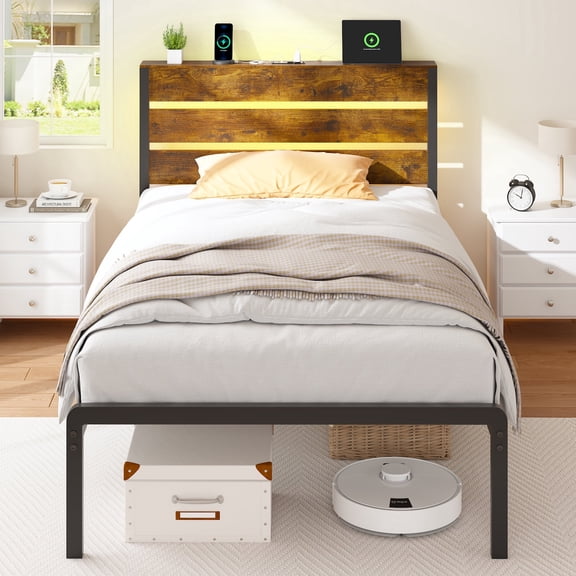 TIGUBFRE Twin Metal Platform Bed Frame with Storage Headboard, LED Lights and USB Charging Station, Rustic Brown