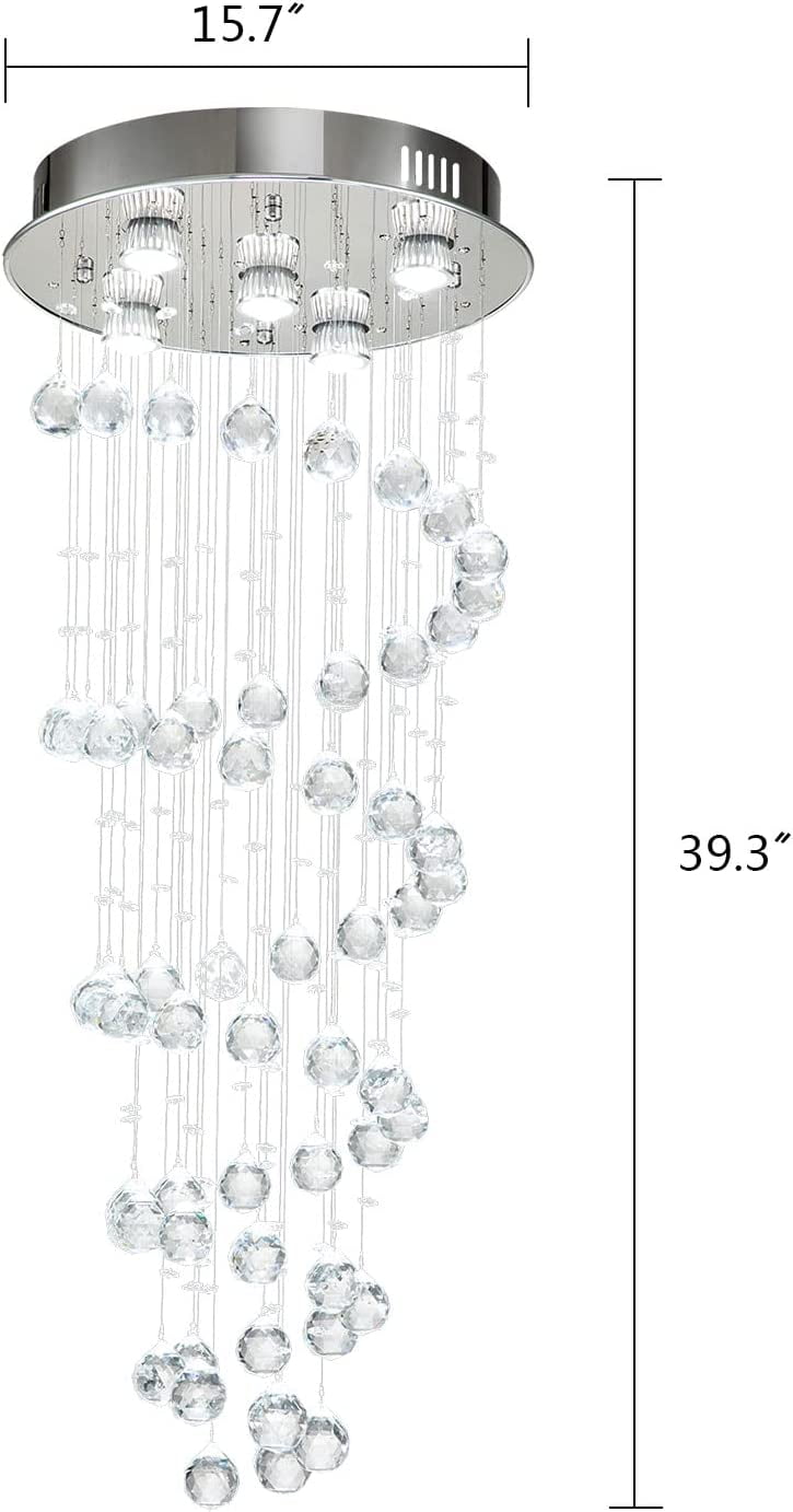 FETCOI Modern K9 Crystal Spiral Raindrop Chandelier - Flush Mount LED Ceiling Light Fixture Pendant Lamp for Dining Room Bathroom Bedroom Livingroom