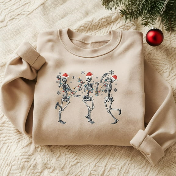 Embroidered Christmas Dancing Skeleton Sweatshirt Skeleton Christmas Shirt Crewneck Holiday Sweater New Year Shirt Christmas Lights Shirt