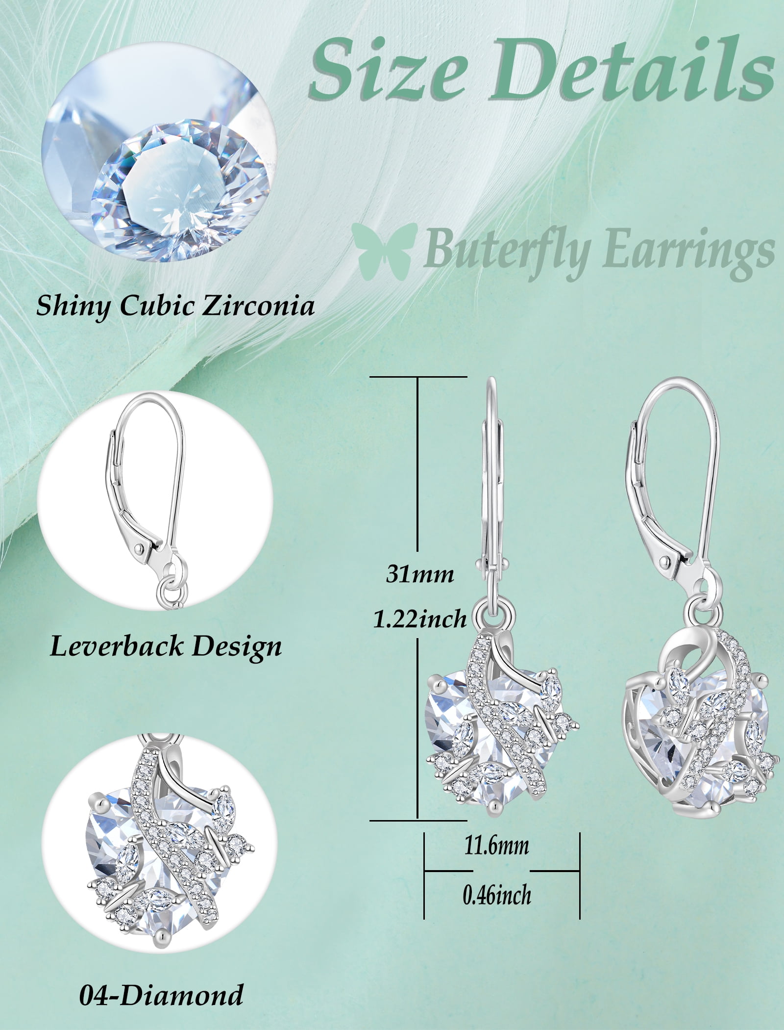 VESITIM 925 Sterling Silver Butterfly Dangle Earrings for Women April Birthstone Cubic Zirconia Butterfly Earrings Jewelry Gift