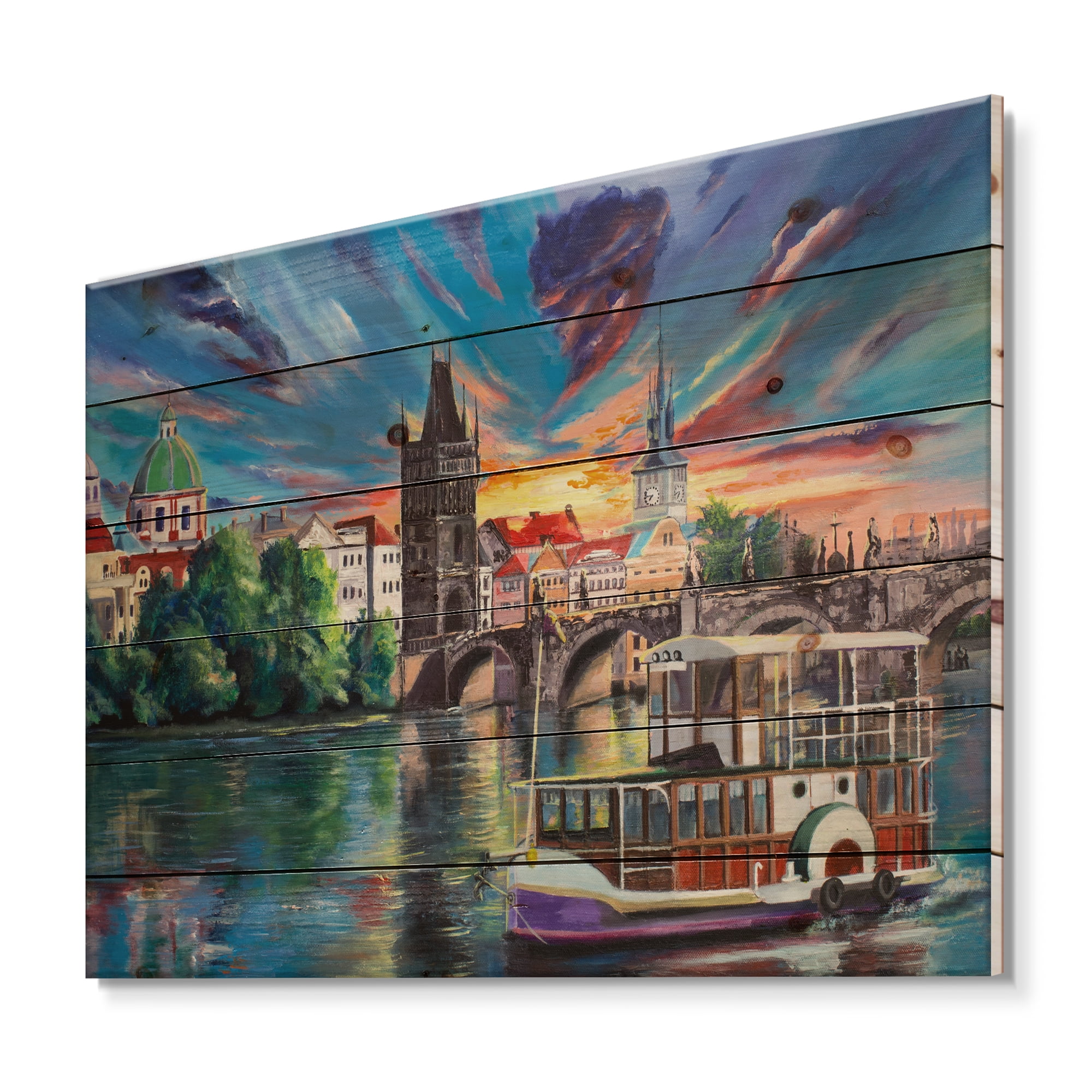 Designart 'Sunset Over Cityview Of Prague' Children's Art Print on Natural Pine Wood