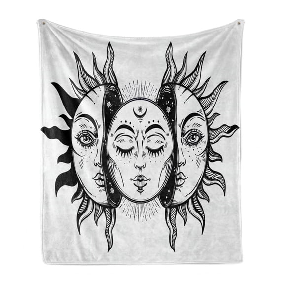 Moon Soft Flannel Fleece Throw Blanket, Monochrome Sun and Moon Pattern Oriental Image Culture Inspired Design Print, Cozy Plush for Indoor and Outdoor Use, 70" x 90", Black White, by Ambesonne