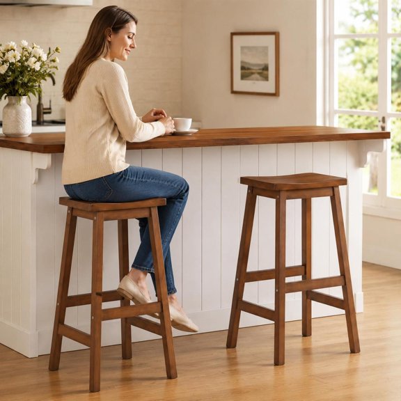 29" Set of 2 Saddle-Seat Counter Height Stools, Curved Seat, Footrests, Walnut