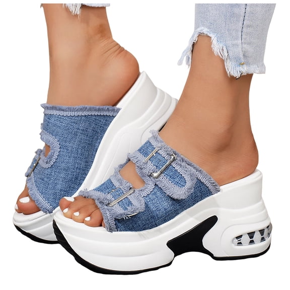 Rokment Womens Denim Buckles Chunky High Heels Slip on Sandals 2026 Summer Fashion Casual Canvas Platform Wedge Heeled Walking Slides Shoes Blue Size 6.5