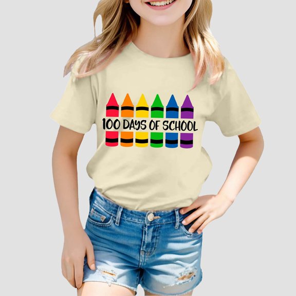 Girls School Uniform Cartoon Print Short Sleeve Crewneck Tee Back To School Daily Wear T Shirt for Girls Beige 3 Years-4 Years