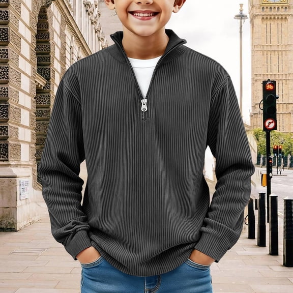 Tdoqot Boys Corduroy Sweatshirt Quarter Zip- Casual Fashion Pullover Long Sleeve Kids Tops Black Size 5-14