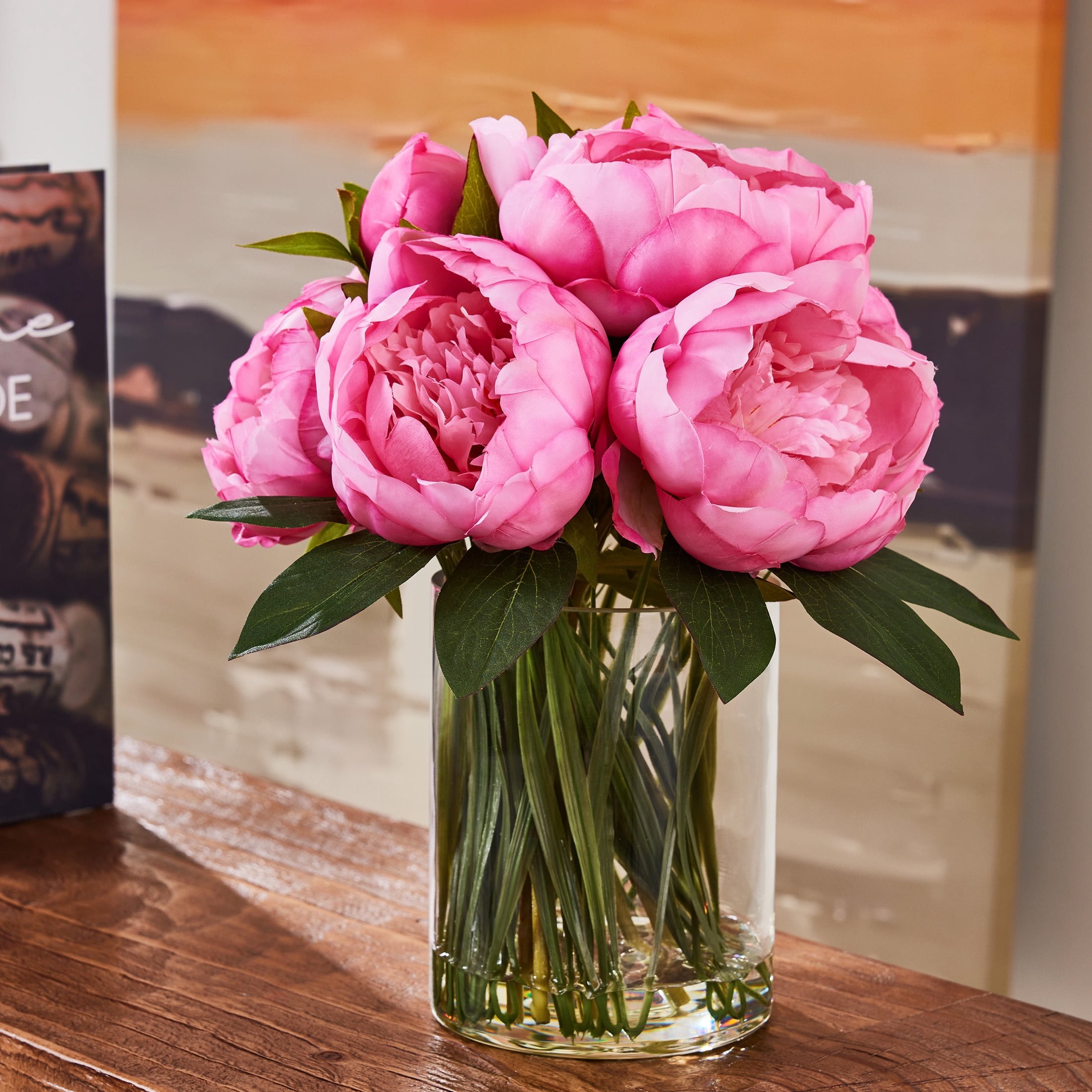 DR.Planzen Peach-Red Artificial Peony Plant in Vase, 9 Bloom & 82 Leaves Silk Flower Arrangement with Faux Water, 12” Home Office Table Decor