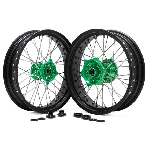 17" Supermoto Wheel Green Hub For Kawasaki KX125 KX250 2006-2013 2007 2008 2009 2010 2011 2012 KX250F KX450F 06-2018 2014 2015 2016 2017 Dirt Bike Motocross Aluminum Black Rim