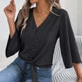 thumbnail image 7 of VEKDONE Women's V Neck Tie Front Blouse 3/4 Flare Sleeve Button Down Shirt Casual Loose Fit Lightweight Tunic Tops for Daily Wear Black S, 7 of 7