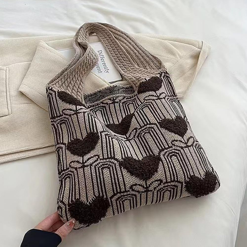 CAILDANL Crochet Tote Bag Cute Aesthetic Hobo Bag Hearts Pattern Knitted Shoulder Bag Hollow Beach Bag for Women