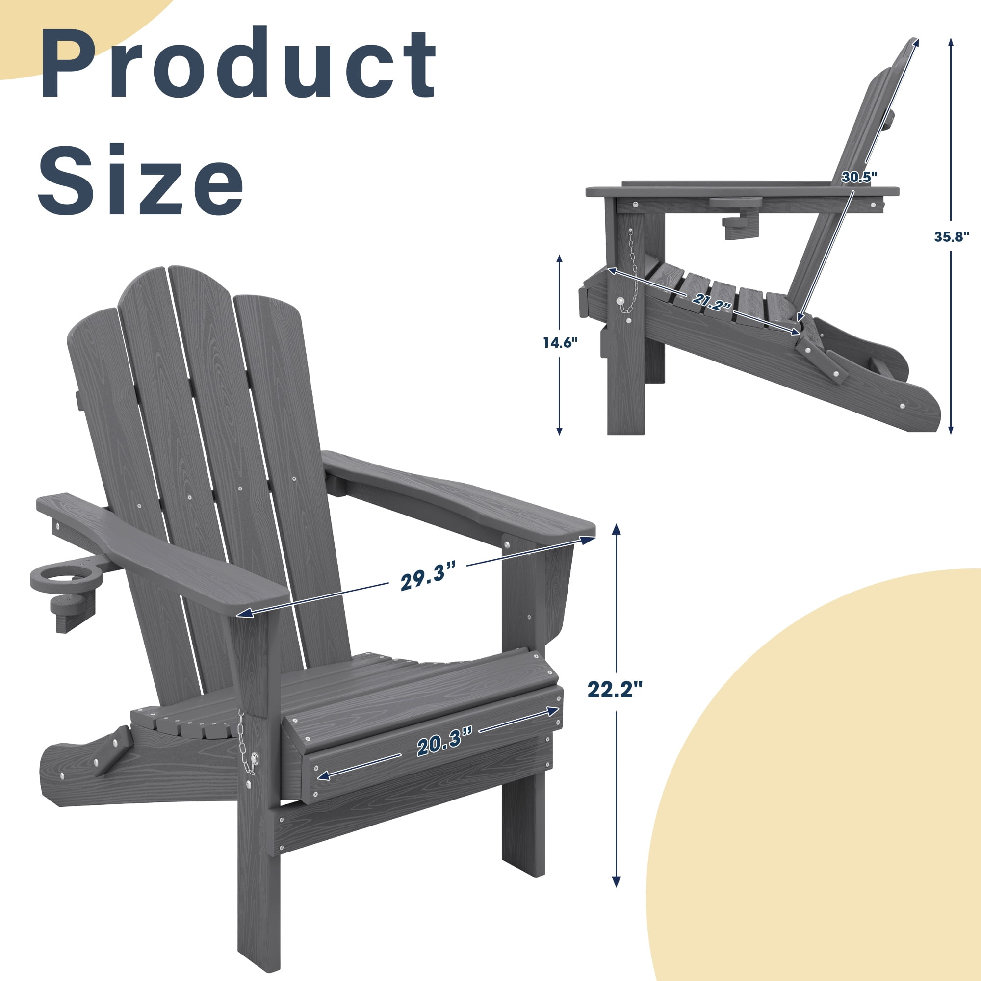 KINGYES Folding Adirondack Chair with Cup Holder, HDPE All-Weather Folding Adirondack Chair, Fir Pit Chairs for Patio Garden Backyard