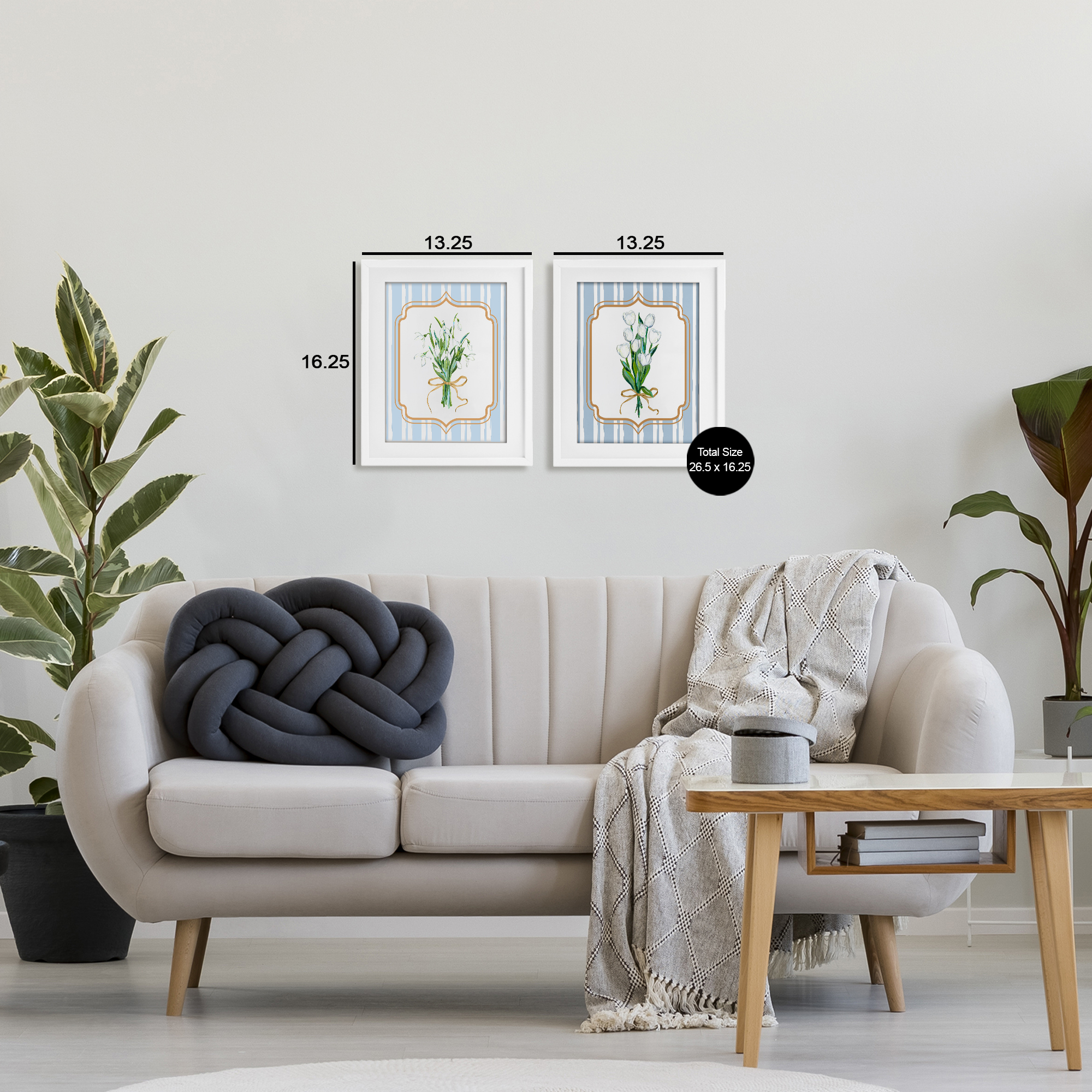 White Flowers Classic Stripes 2 Piece White Framed Print Under Glass Set, design by Adonna Ebrahimi