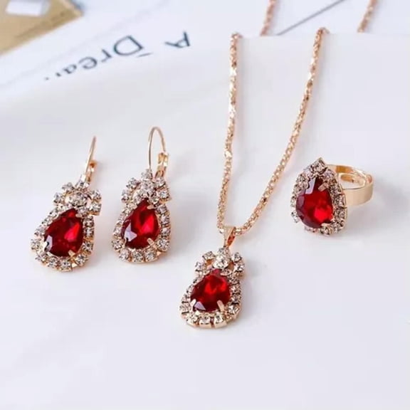 HOOUN Women Shiny Red Jewelry Set Pendant Necklace Drop Earrings Adjustable Ring Gift
