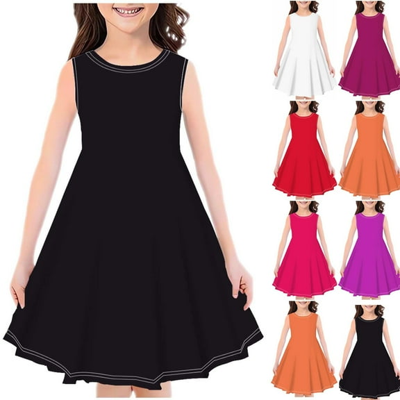 Utoimkio Girls Sundresses Summer Casual Sleeveless Dresses Crew Neck Midi Dresses for Girls 4-14 Years