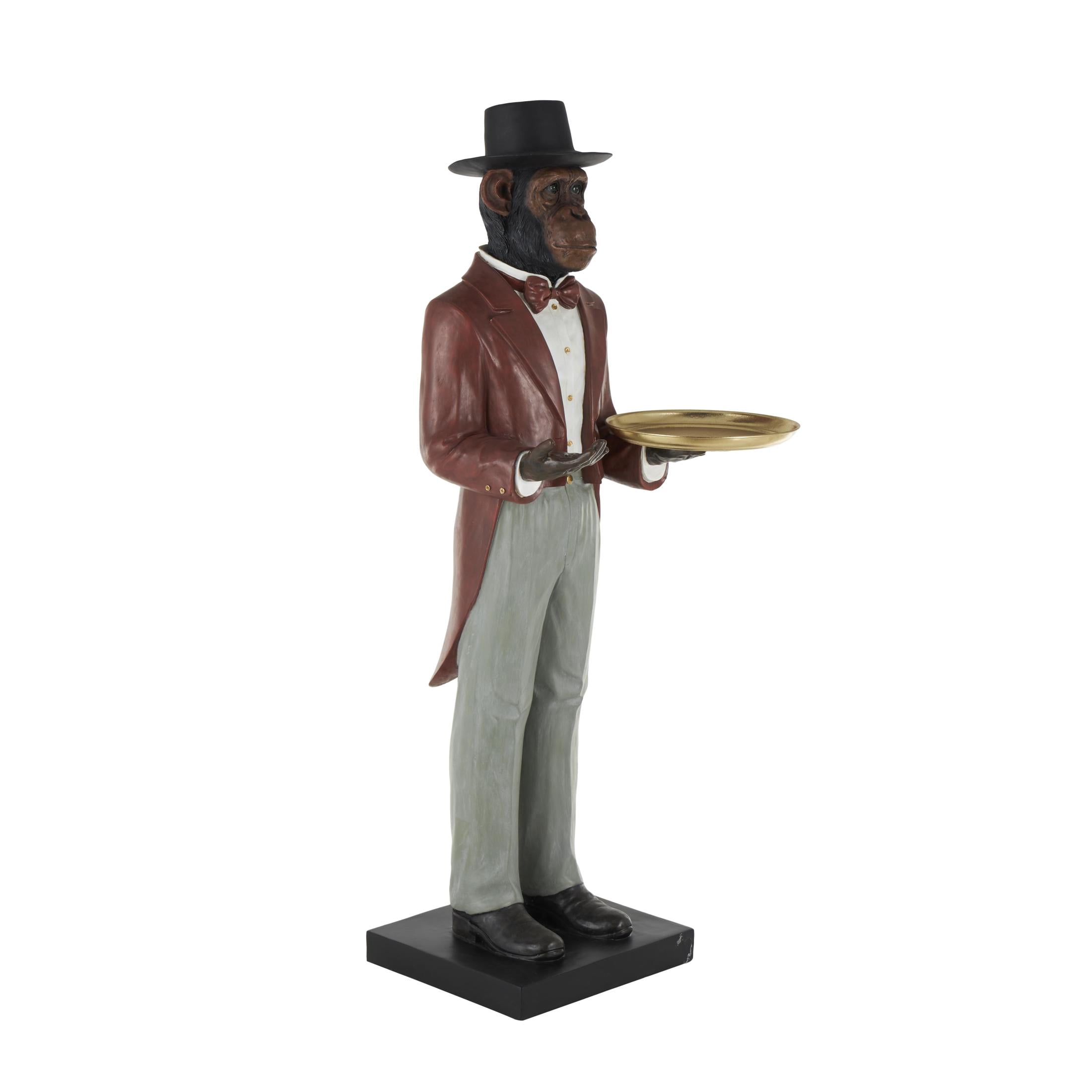 24" x 64" Red Resin Tall Waiter Monkey Sculpture with Gold Accent and Square Base, by DecMode