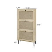 Hassch Rattan Shoe Cabinet for Entryway, Hidden Shoes Storage Cabinet, Boho Narrow Shoe Organizer with 3 Flip Drawers, Freestanding Wood Shoe Cabinet with Metal Legs for Foyer, Hallway (Natural)