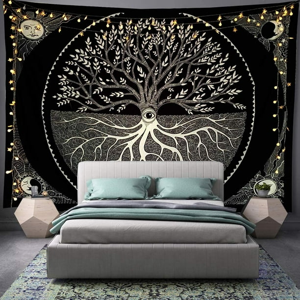 Bohemian Tree Of Life Tapestry Black And White Tapestry Sun God Moon Tapestry Black Aesthetic Tapestry Bedroom Wall Mount 80 60 Inches