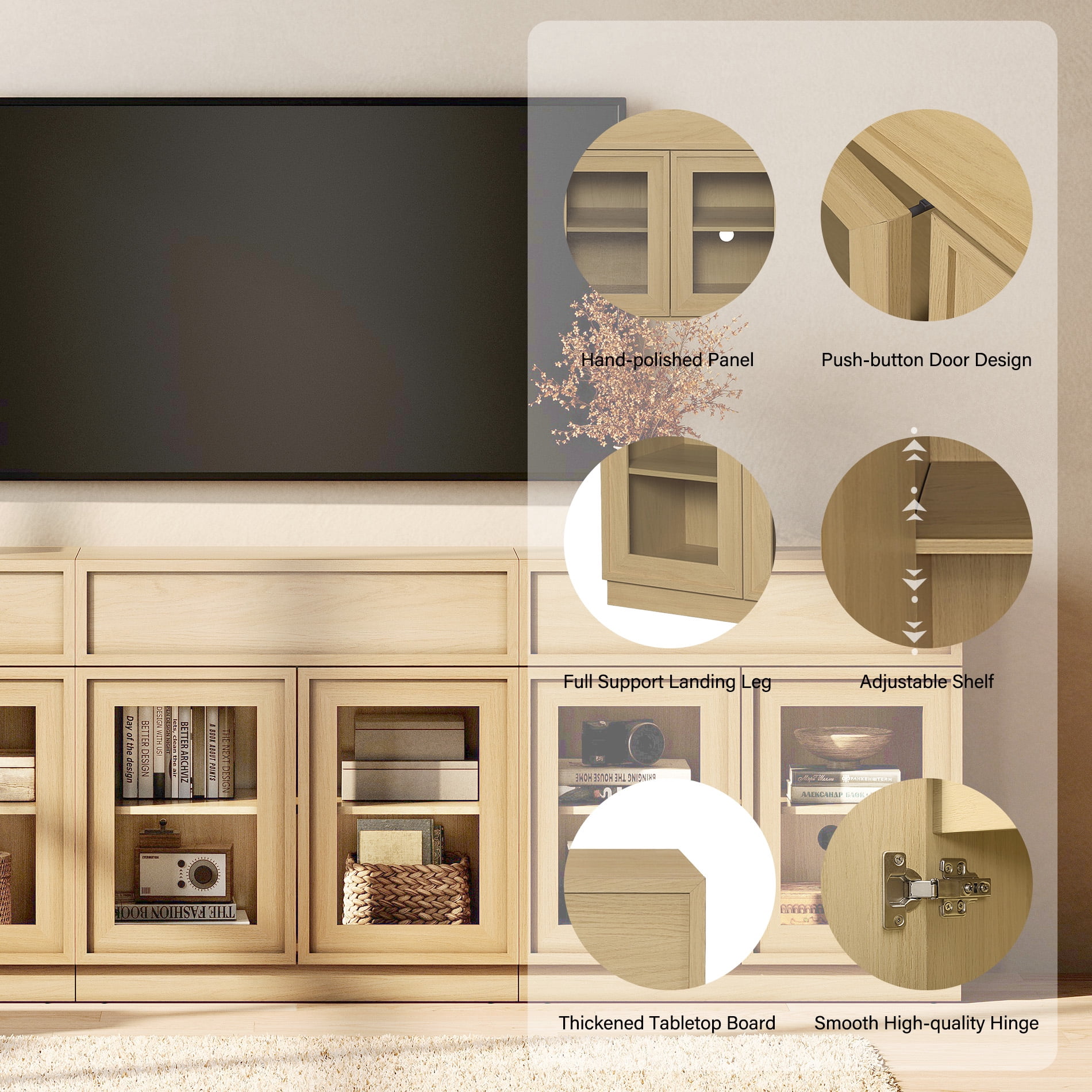 WAMPAT Modern TV Stand for TVs Up to 100", 3-in-1 Entertainment Center TV Console with 6 Doors and Drawer, Wooden Media Console Cabinet with Adjustable Shelf for Living Room, Bedroom, Oak