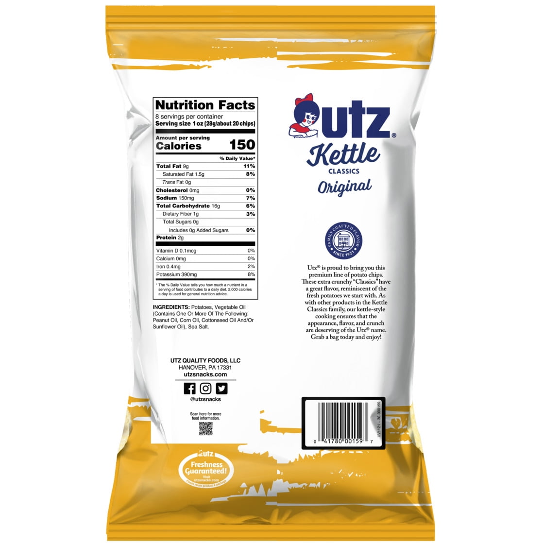 (3 pack) Utz Kettle Classics Original Potato Chips, Gluten-Free, 8 oz Bag