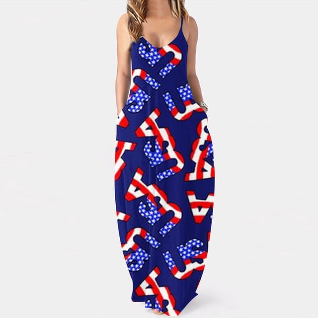 Fankiway Robe Sans Manches à Bretelles Col en V avec Poches Longues Imprimé Jour de l'Indépendance Robe de Plage Grande Taille