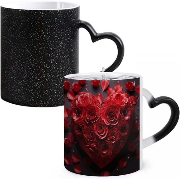 karymi Tasse Magique Rose Rouge Cœur d'Amour Changeant de Couleur Tasse à Café en Céramique Sensible à la Chaleur 12oz Cadeau Amusant pour Anniversaire Saint-Valentin Noir Mat à Rouge Transformation Thermique Décoration de Chambre