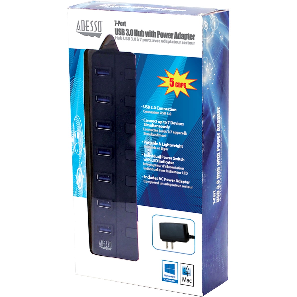Adesso AUH-3070P – 7-Port USB 3.0 Hub with Individual Power Switch & Power Adapter