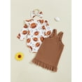 thumbnail image 5 of Elippeo Baby Girl Fall Outfit Football Print Long Sleeve Romper with Ruffled Overalls Dress and Bow Headband 3 Pcs Set 3 6 12 18 Months, 5 of 9