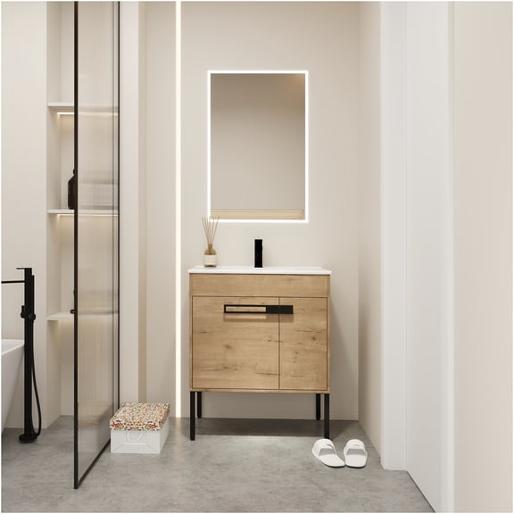 JERFIT 30 Inch Bathroom Vanity with Ceramic Sink, Freestanding or Wall-Mounted Modern Cabinet with Soft Close Doors, Adjustable Shelf, Imitative Oak Finish