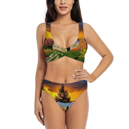 Zeuib Fall Village Scenery High Waisted Tummy Control Bikini Set - Knot Front Push Up Top & Cheeky Thong Bottom  Two-Piece Swimsuit for Women-X-Large