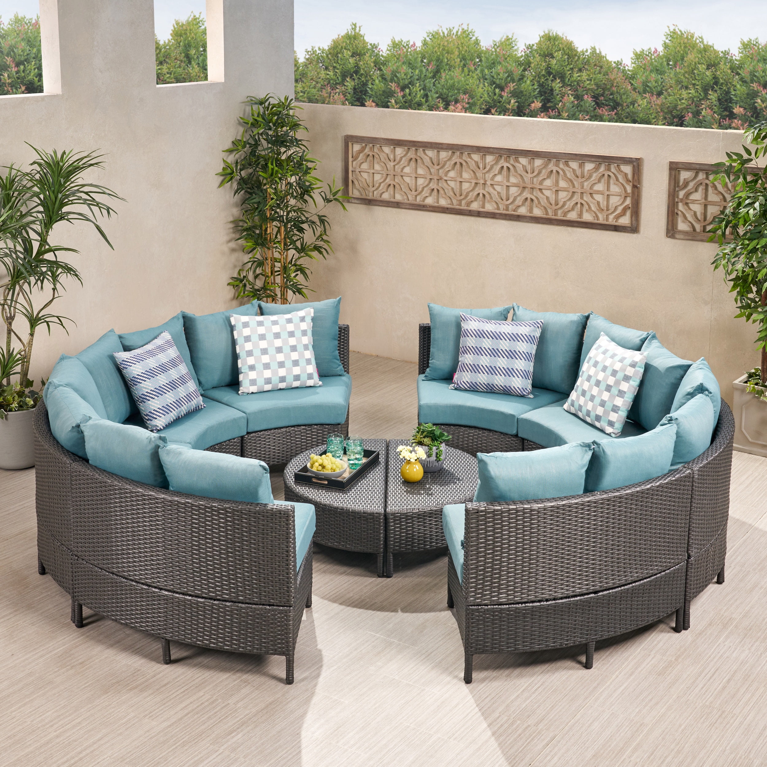 Noble House Hampton 10 Pc Outdoor Patio Sectional Set, Gray Wicker with