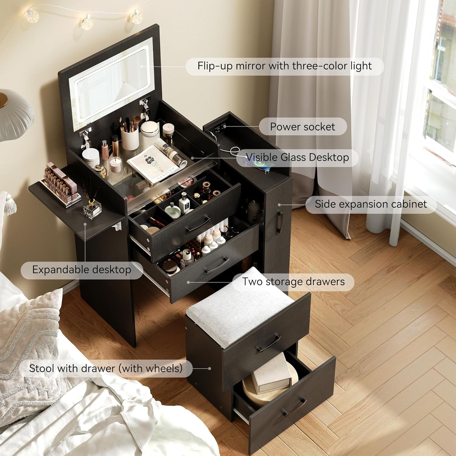 Herture 3 in 1 Vanity Desk with Flip Top Mirror, LED Lights, Side Cabinet,Collapsible Desk Panel, Hidden Stool with Storage, Small Makeup Vanity Table with Power Outlets, Compact Vanity,Black PT01DTB