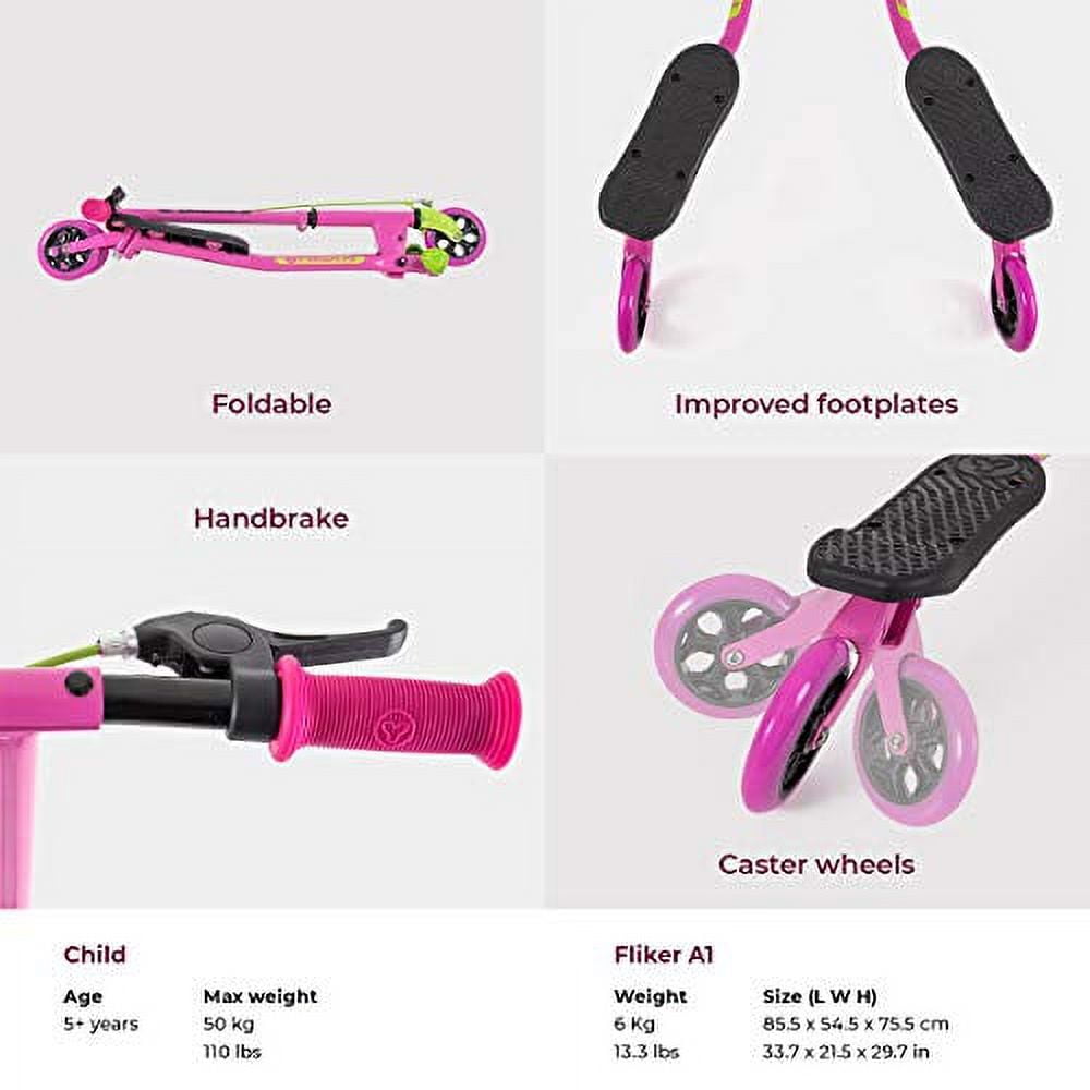 Yvolution Y Fliker Air A1 Swing Wiggle Scooter for Kids | Three Wheels Drifter for Boys and Girls Age 5 Years Old and Up (Pink)