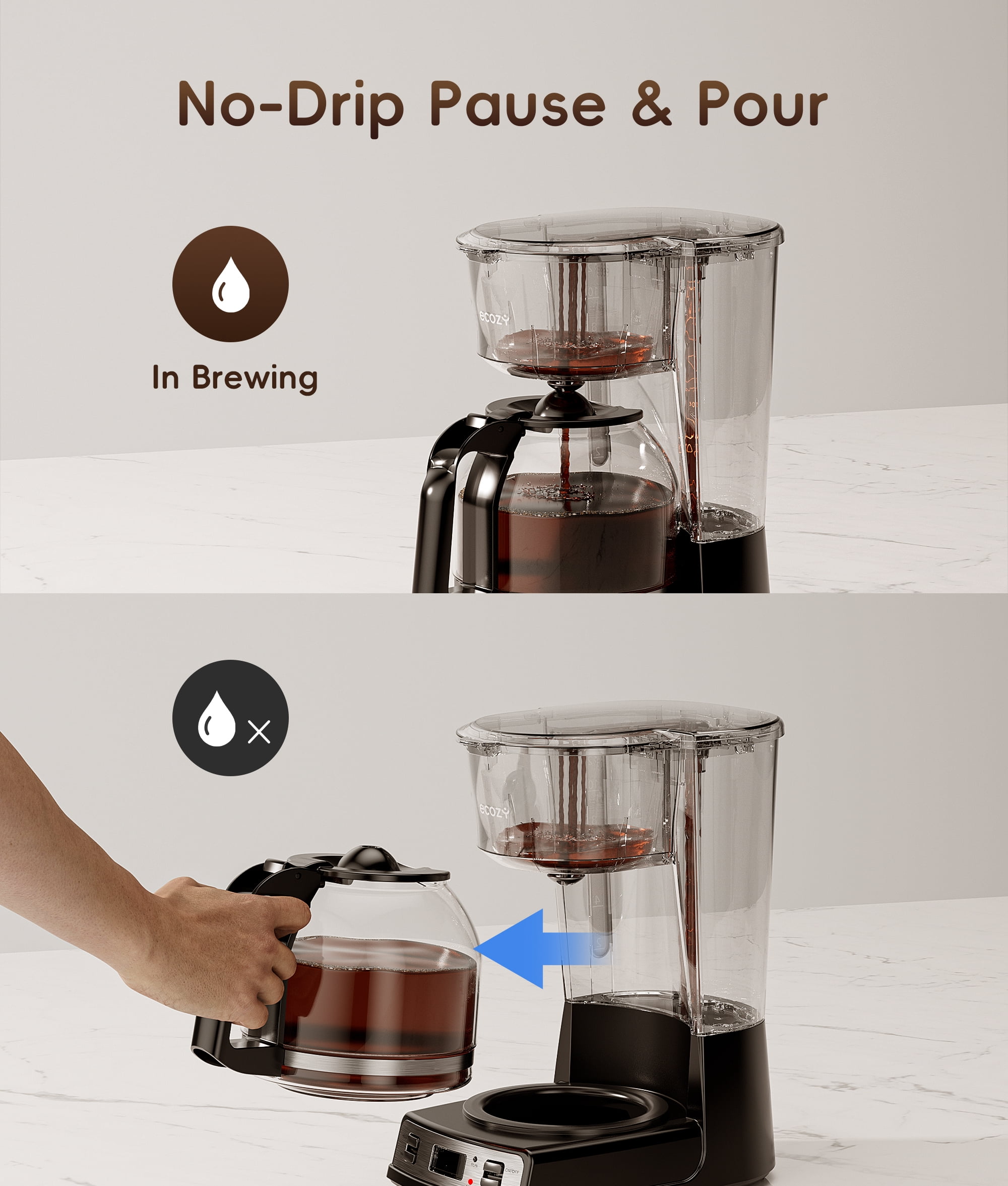 Ecozy Chillio  Drip Coffee Machine 12 Cups Programmable Coffee Maker with Electric Coffee Grinder Combos, Pause & Pour Function, Auto Shutoff, Keep Warm, Brezzano DuoSet