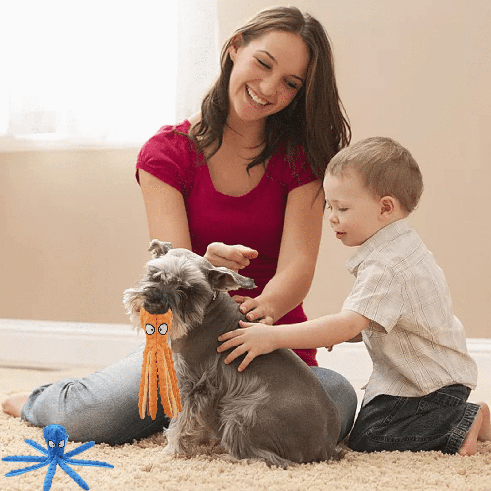 No Stuffing Crinkle Plush Dog Toys, 2 Pack Octopus Squeaky Dog Toys for Teething, Soft & Durable Interactive Dog Chew Toys for Puppies, Small, Medium and Large Dogs Training (Green+Orange)