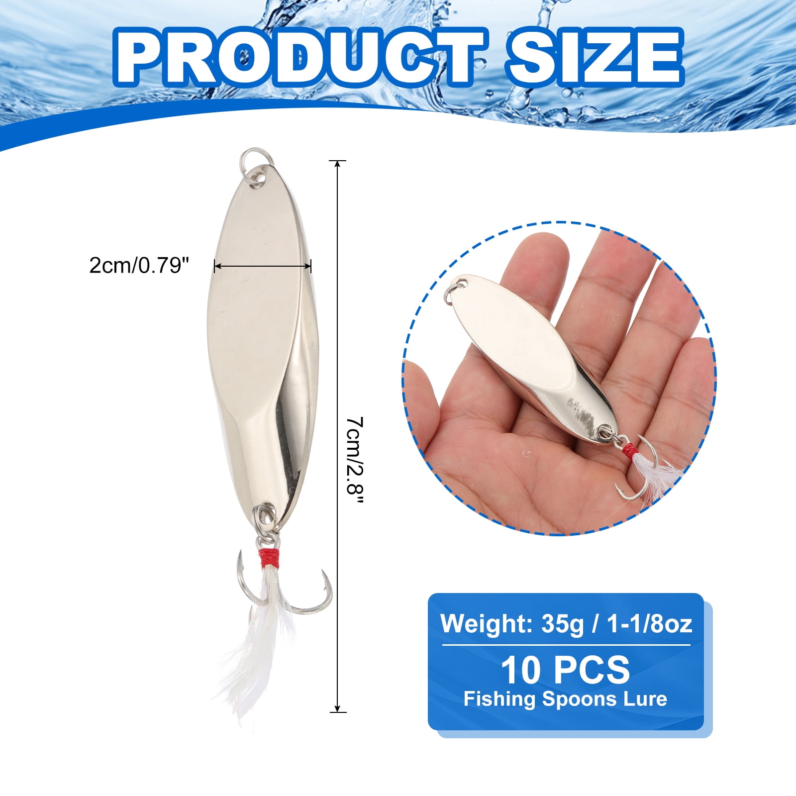 Uxcell Fishing Spoons, 10 Pcs 1-1/8 oz Fishing Lures Casting Spoon Treble Hooks Jigs Hard Metal Spinner Baits for Freshwater Saltwater Salmon, Silver Tone