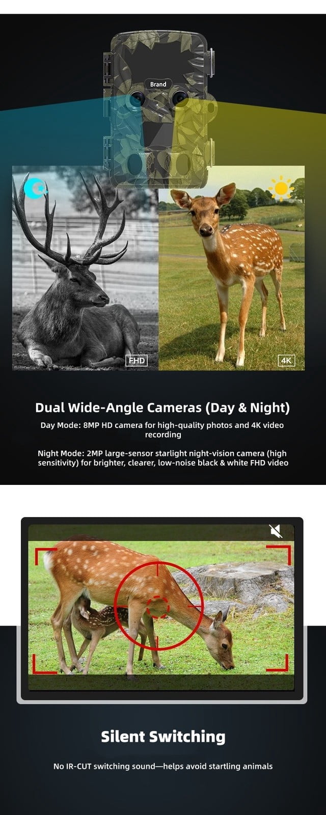 Dual Lens Trail Camera with Infrared Night Vision, Motion Activated Game Camera with 4K Video, Fast Trigger & IP66 Waterproof, Wildlife Camera for Outdoor Use